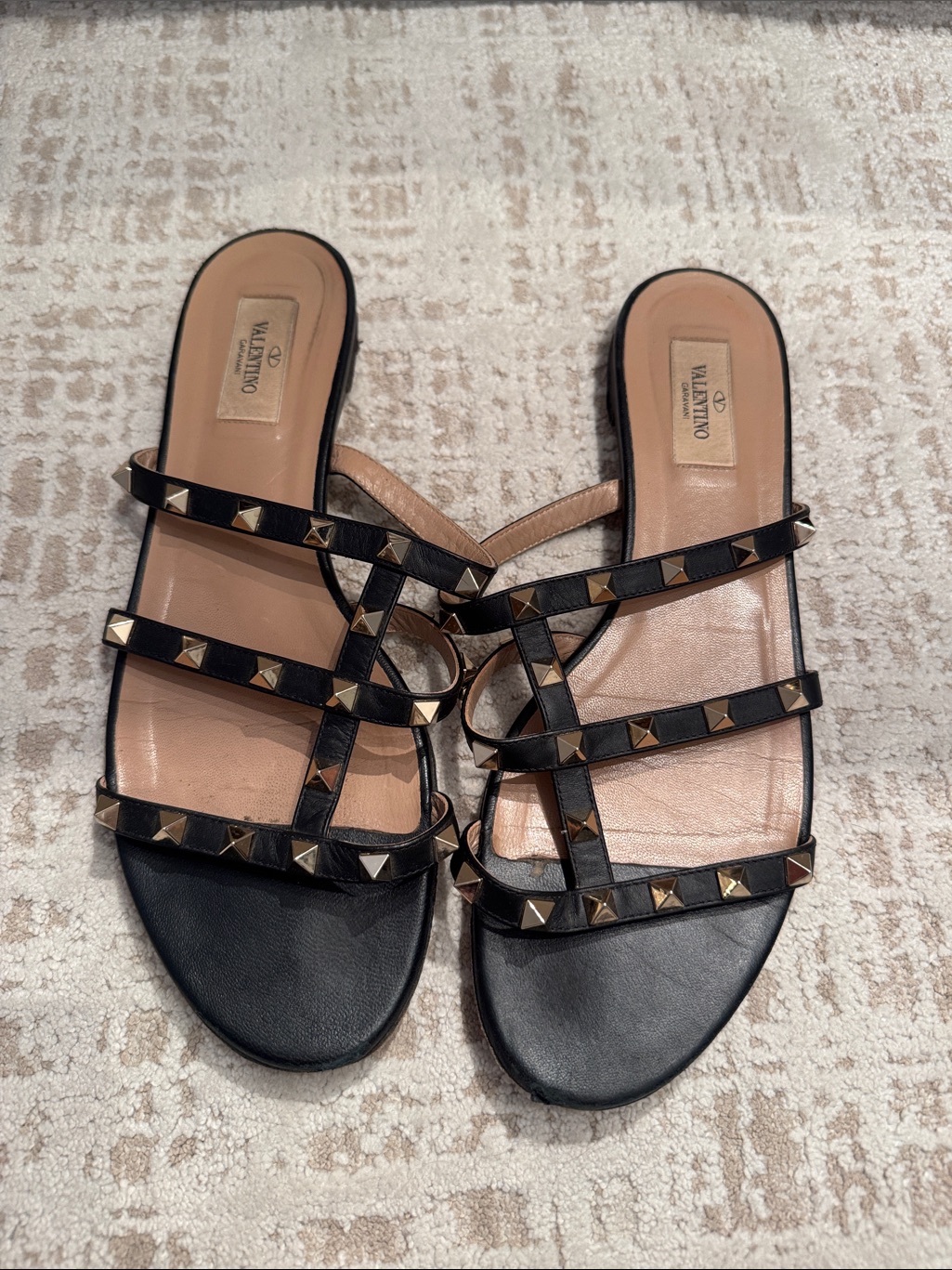 Valentino Black Leather Rockstud Multi-Strap Slide Sandals